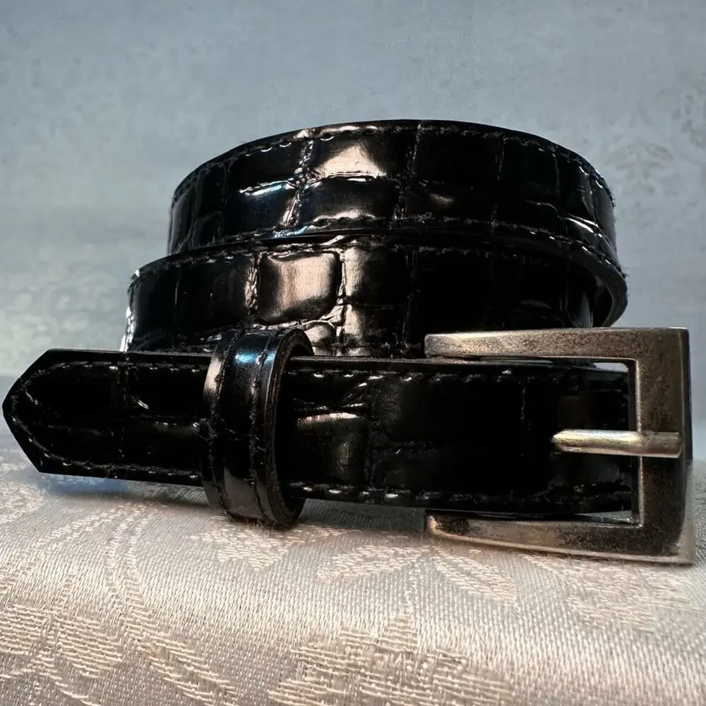 Black Faux Patent Leather Alligator Print Belt with Silver Buckle 36.5 in